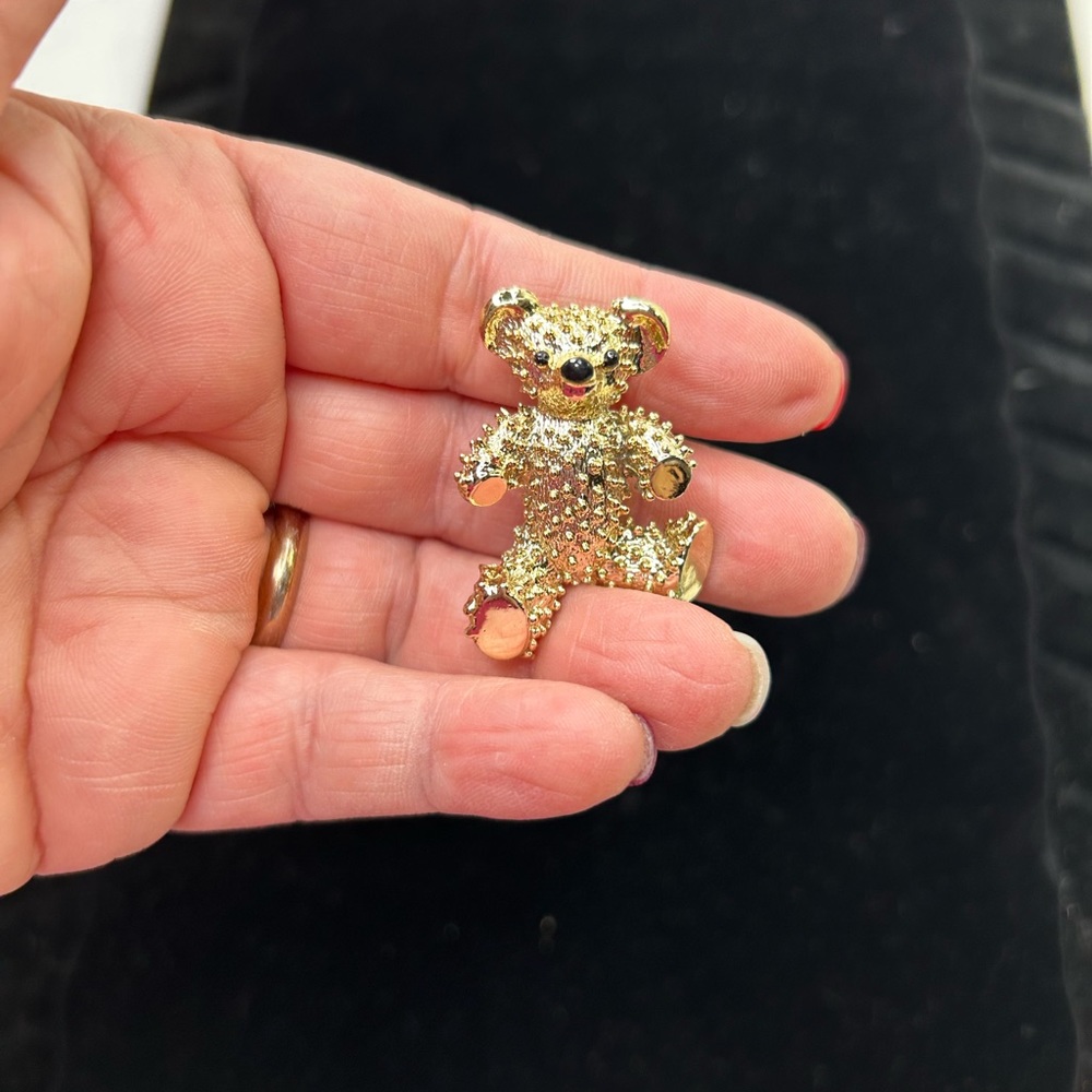 Vintage D'Orlan Gold Tone & Crystal Teddy Bear Brooch Pin